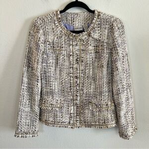 Chico’s Jacket Size 0 (small 4) Fringe Zip Front Beige Lined Career